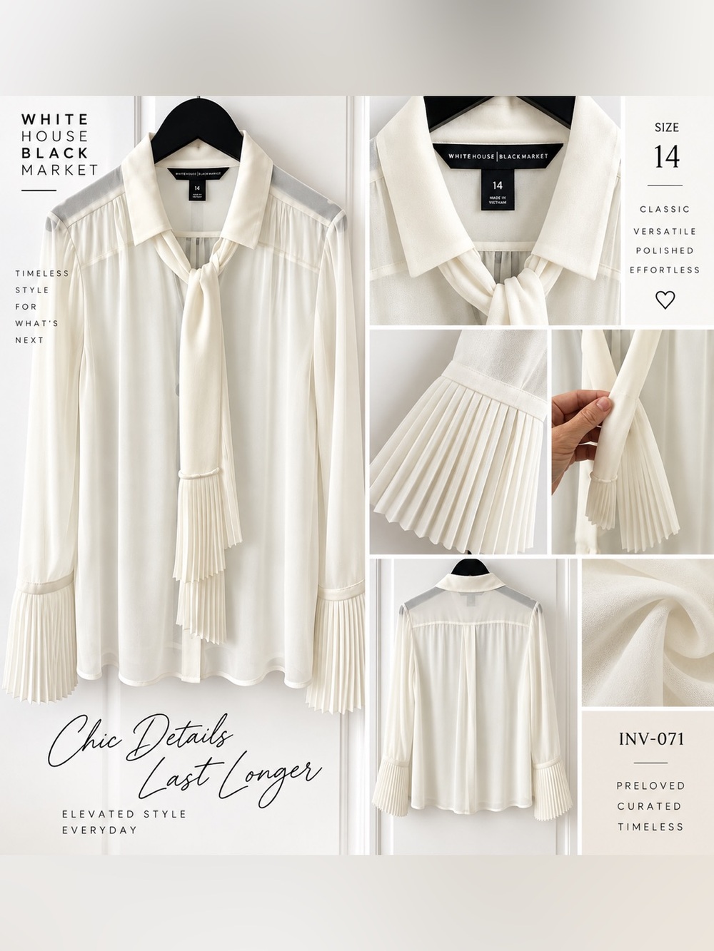 White House Black Market Ivory Pleated Tie-Neck Blouse with Tassel